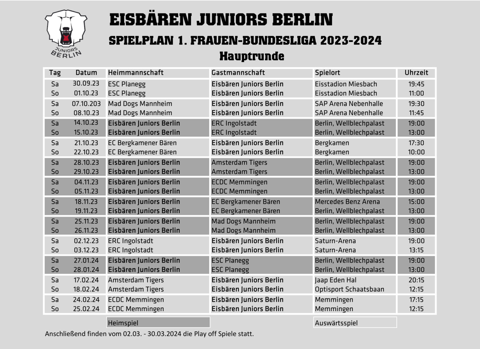 Der Spielplan Für Die Hauptrunde 2023/2024 Ist Da. - Eisbären Juniors ...